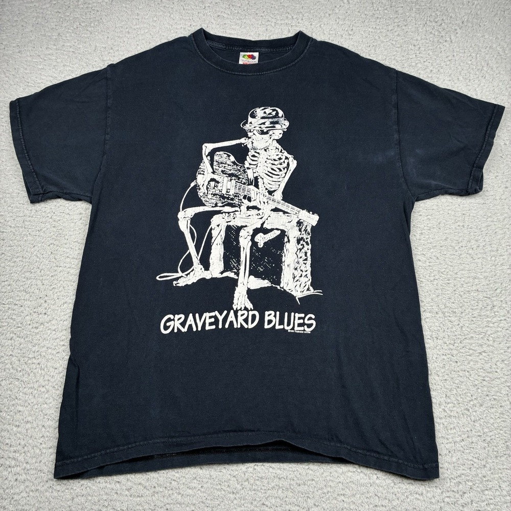 Vintage 1997 Fashion Victim Graveyard Blues Skeleton T-Shirt Black Large
